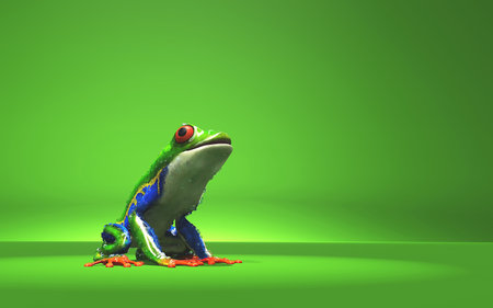 Close up of a green frog on green background studio . This is a 3d render illustration.の写真素材