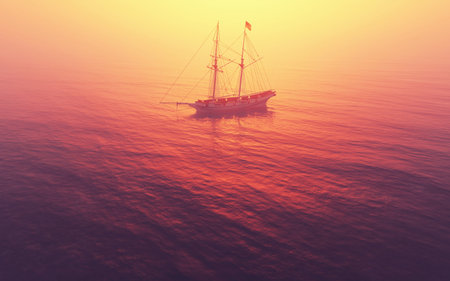 schooner ship at sunset in the ocean. This is a 3d render illustration.の写真素材