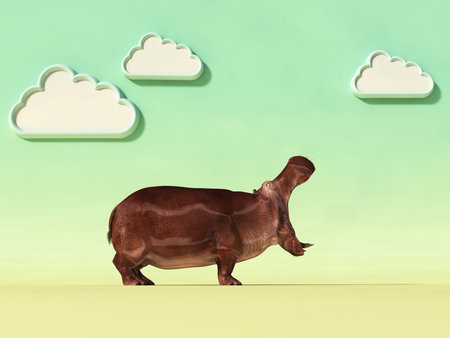 Hippopotamus on a conceptual studio background with clouds . This is a 3d render illustration .の写真素材
