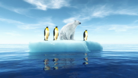 Polar bear and penguins on a piece of iceberg . Global warming concept . This is a 3d render illustration .の写真素材