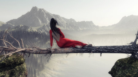 Woman sitting on fallen above a gap between mountain peaks . This is a 3d render illustration .の写真素材