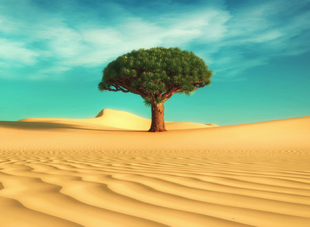 Leafy tree in the desert . Global warming concept . This is a 3d render illustration.の写真素材