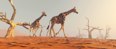 Two giraffes walking on dry land desert . This is a 3d render illustration .の写真素材