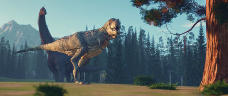 T rex and a branchiosaurus in the jurassic valley . This is a 3d render illustration .の写真素材
