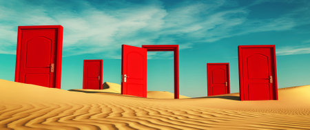 Multiple closed doors in the desert with one open . This is a 3d render illustration .の写真素材