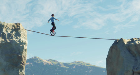 Man ride unicycle on a rope between two mountain cliffs . This is a 3d render illustration .の写真素材