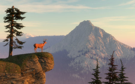 Deer on top of a mountain rock . This is a 3d render illustration.の写真素材