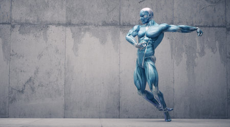 Male muscular system posing on background. Fitness and healthy lifestyle concept. This is a 3d render illustrationの写真素材