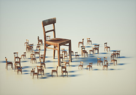 Wooden chair in a lot of small chairs. The concept of leader and team. This is a 3d render illustrationの写真素材