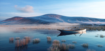 Surreal image of a boat on the lake. Nature concept. This is a 3d render illustration