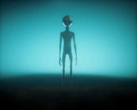 Alien on dark foggy background. Unknown and ufo concept. This is a 3d render illustration.