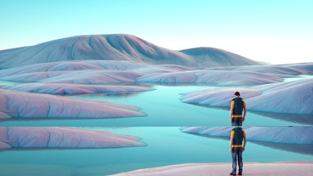 Hiker admiring an abstract landscape. This is a 3d render illustration