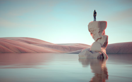 Hiker on top of a cliff in the middle of the ocean admiring the scenery. The concept of reaching the destination. This is a 3d render illustrationの写真素材