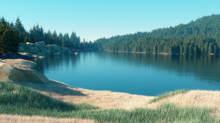 Landscape in the middle of nature with a lake in the forest. Ecology and protection concept. This is a 3d render illustration.の写真素材