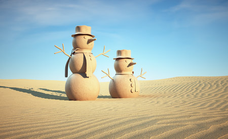 Two snowmen in the desert. Adaptation and development concept. This is a 3d render illustrationの写真素材