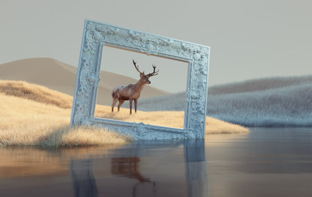 Deer on a surrealistic landscape and a frame. Perspective and vision concept. This is a 3d render illustrationの写真素材