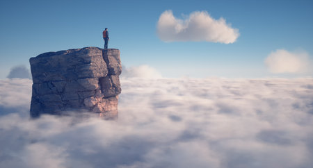 Hiker on top of a mountain over a cloud. This is a 3d render illustrationの写真素材