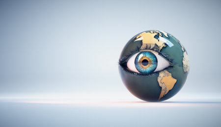 Human eye with earth globe on it in a studio background. Nature and environment concept. This is a 3d render illustrationの写真素材
