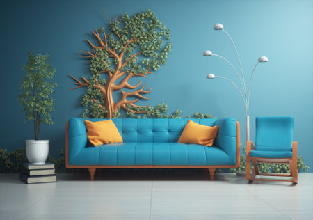 Room interior with sofa and decorative plants. This is a 3d render illustrationの写真素材