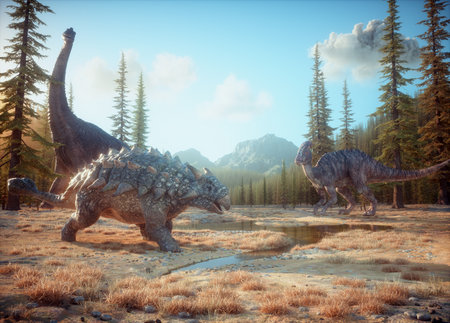 Ankylosaurus, brachiosaurus and parasaurolophus in nature. This is a 3d render illustrationの写真素材