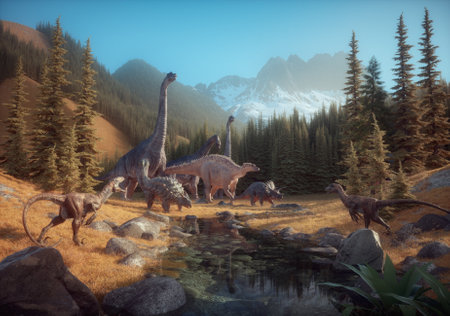 Ankylosaurus, brachiosaurus and velociraptor in nature. This is a 3d render illustrationの写真素材