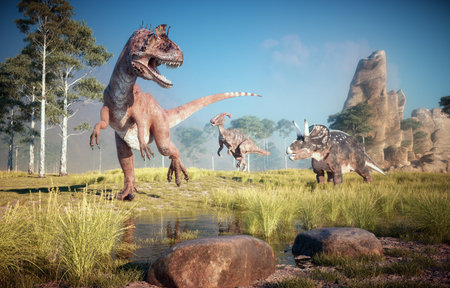 Dinosaur - Cryolophosaurus, diceratops and parasaurolophus in nature. This is a 3d render...