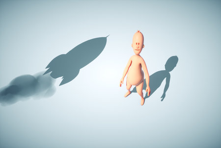 Human character looking up to a plane. Start up and growth concept. This is a 3d render illustration.の写真素材