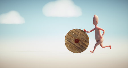 Conceptual man pushing a wooden wheel. Process and work in progress concept. This is a 3d rendering illustrationの写真素材