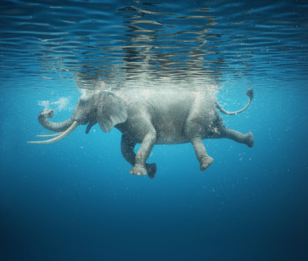 Umderwater view of an elephant swiming. Freedom and escape concept. This is a 3d render illustration.の写真素材