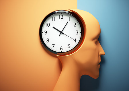 Human head profile with clock in place of brain. Overthinking, brainstorming and time management...