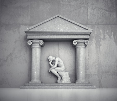 Roman structure with the statue of a thinker. Education and overthinking concept. This is a 3d render illustration.の写真素材