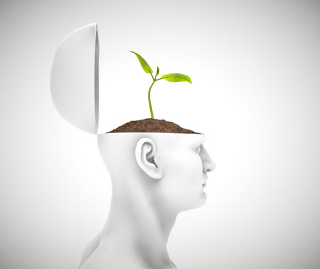 Plant growing from head. Brainstorming, idea, intelligence concept. This is a 3d render illustrationの写真素材