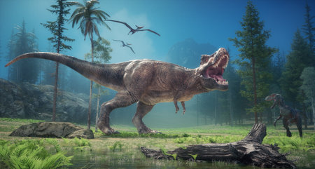 Tyrannosaurus in forest. This is a 3d render illustrationの写真素材