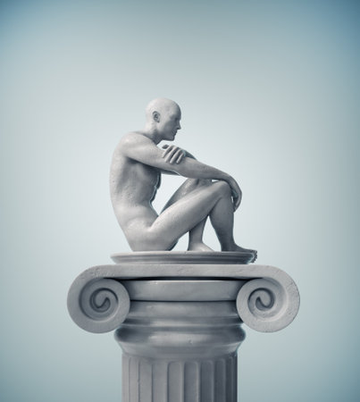 Statue of a thinker on a column. Education and overthinking concept. This is a 3d render illustrationの写真素材