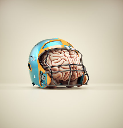 Brain protected by a helmet. The concept of intellectual property protection or mind care. THIS IS A 3D RENDER ILLUSTRATION.の写真素材
