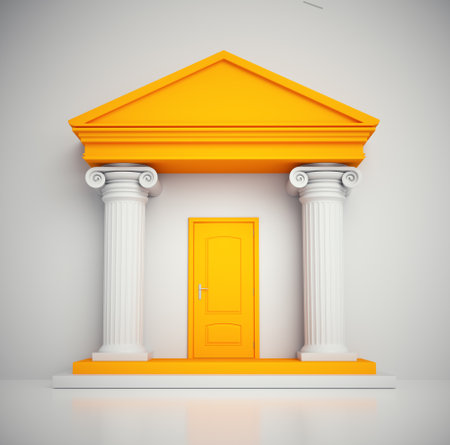 Two Roman columns and a closed door.THIS IS A 3D RENDER ILLUSTRATION.の写真素材