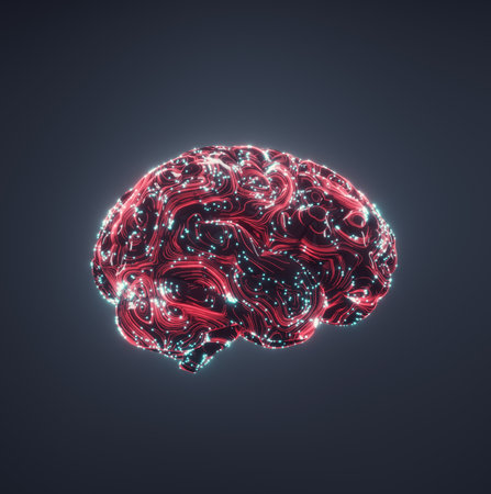 Abstract polygonal brain with glowing dots and lines, network connections. Brainstorming and self development concept. This is a 3d render illustrationの写真素材