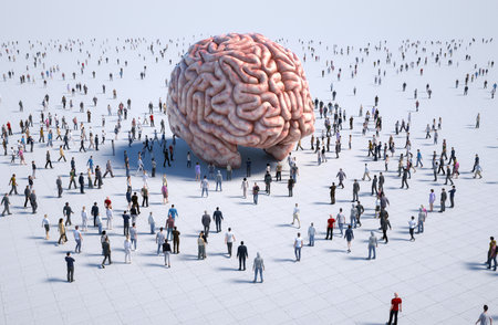 Crowd surrounding a large human brain sculpture outdoors, symbolizing knowledge, curiosity, and intellect. This is a 3d render illustrationの写真素材