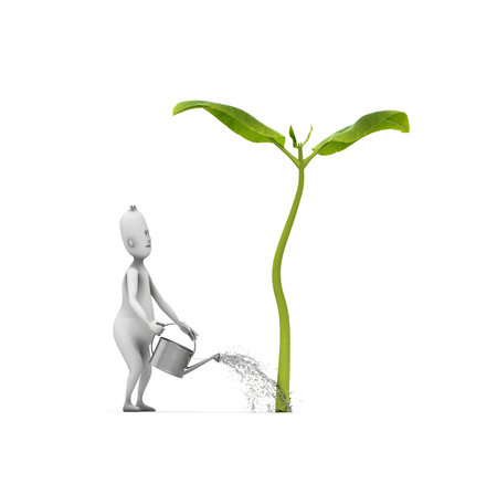 Human character watering a plant with the sprinkler. Gardener. This is a 3d render illustrationの写真素材