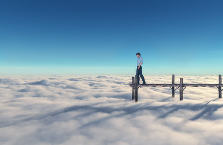 Man walking wooden bridge above the clouds. This is a 3d render illustrationの写真素材