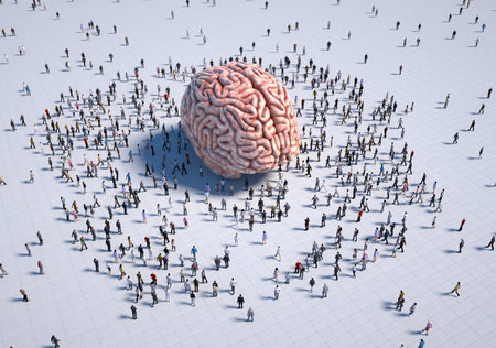 Crowd surrounding a large human brain sculpture outdoors, symbolizing knowledge, curiosity, and intellect. This is a 3d render illustrationの写真素材