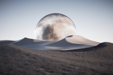 Abstract landscape with a sphere. This is a 3d render illustration.の写真素材