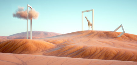 Giraffe walks through a door looking at a cloud. This is a 3d render illustration.の写真素材