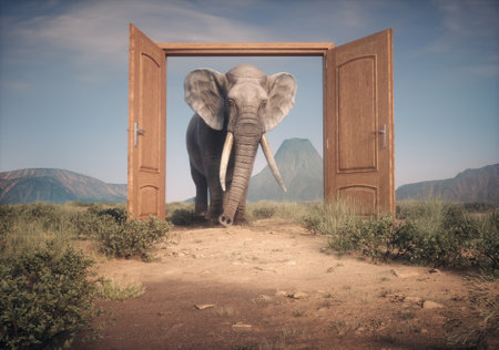The big elephant enters opened door. The concept of opportunities. This is a 3d render illustrationの写真素材