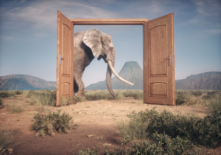 The big elephant enters opened door . The concept of opportunities. This is a 3d render illustrationの写真素材