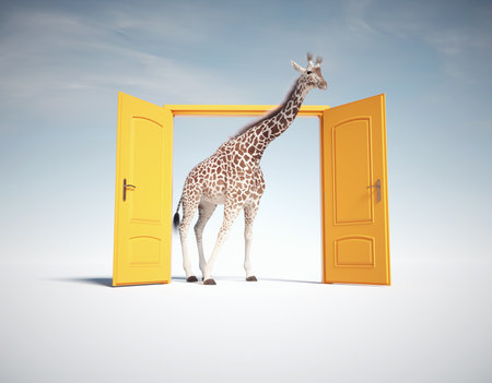 Giraffe get through a yellow door. Curiosity an aspirations concept. This is a 3d render illustrationの写真素材