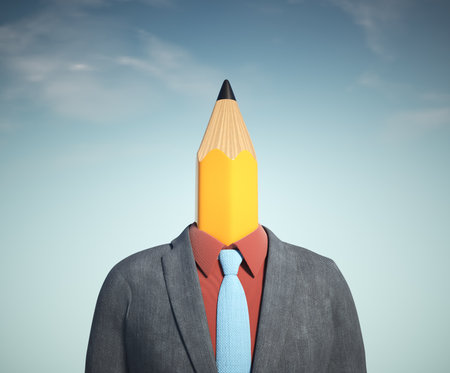 Man with pencil instead of head. This is a 3d render illustrationの写真素材
