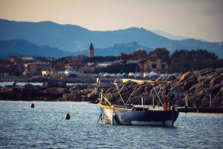 Boat anchored near the Tyrrhenian coastの写真素材