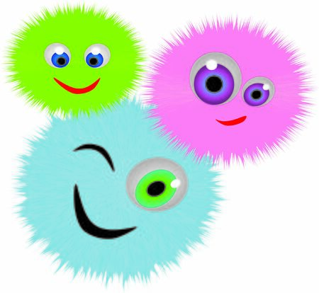 Happy three fluffy colorful smiles on whiteのイラスト素材