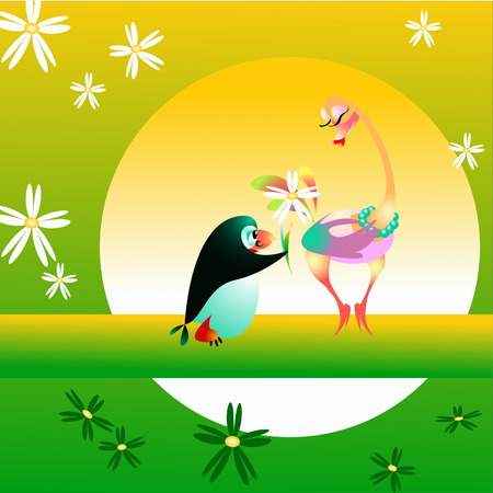 The small penguin admits love to a female of an ostrich and gives it flowersのイラスト素材